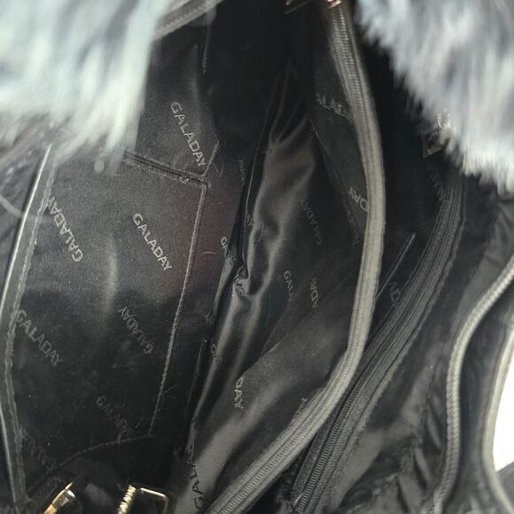 Galaday Removeable‎ Fur Detail Crinkle Leather Handbag Shoulder Purse Tote Black - Picture 11 of 16